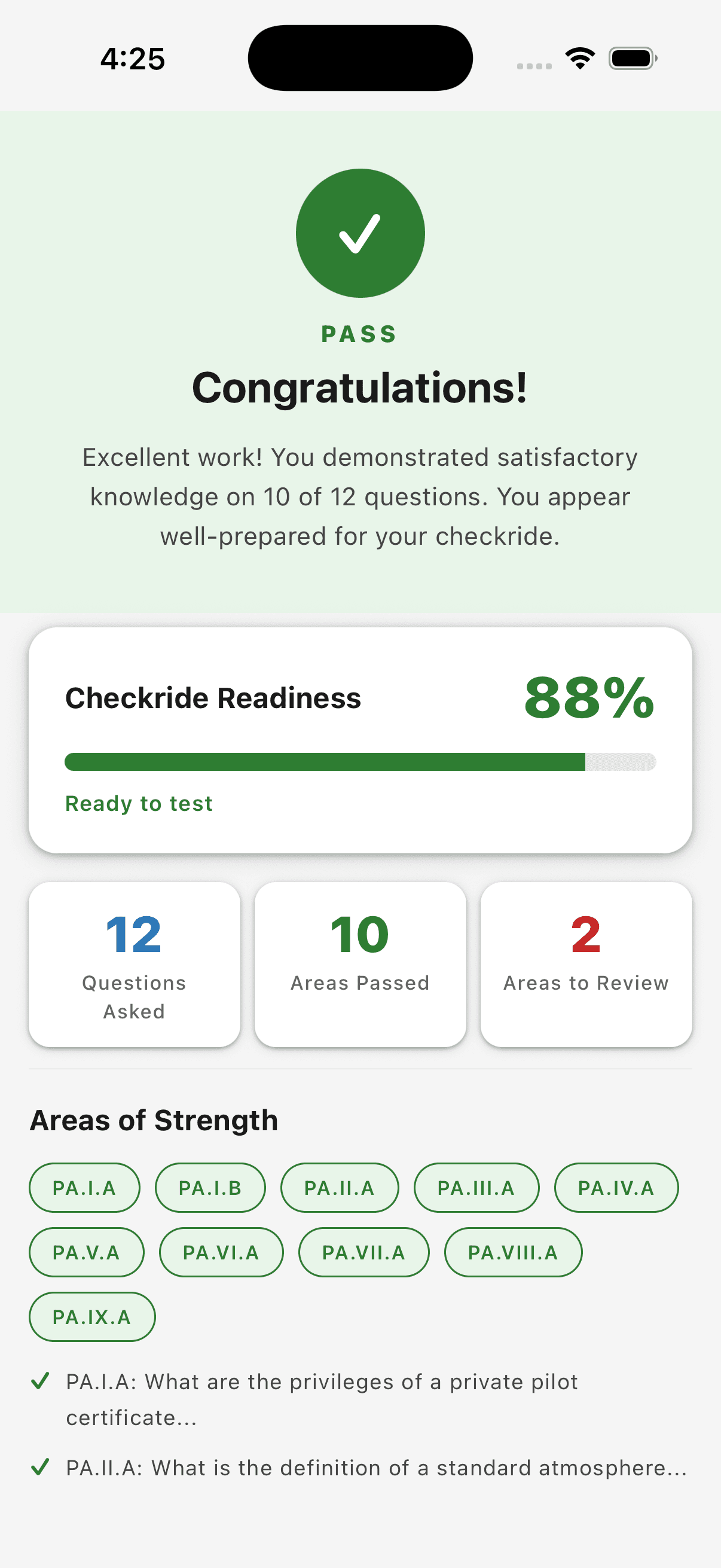 Checkride readiness score screen